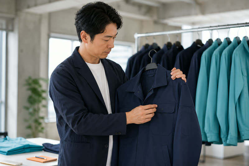 ラックから作業服のジャケットを選び、名入れ位置の胸元を確かめる様子