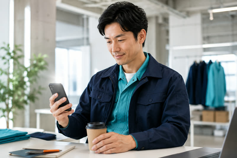 スマートフォンでAI概算見積もりを確認するスタッフ