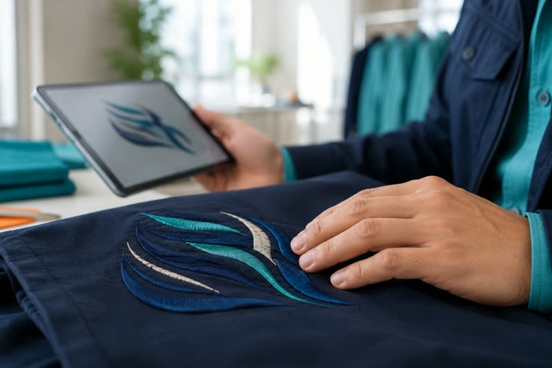 作業服に施した名入れ刺繍の仕上がりをタブレットと照合して確認する様子