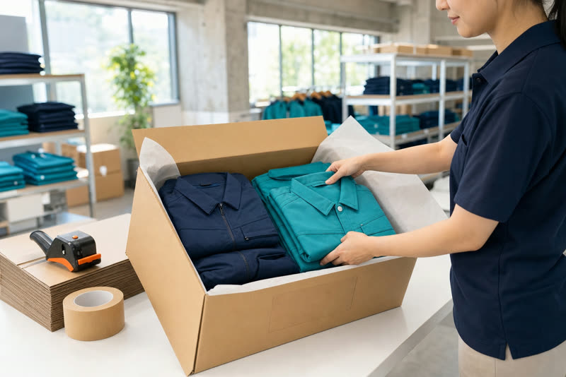名入れした作業服・空調服を段ボールに丁寧に梱包し発送する様子