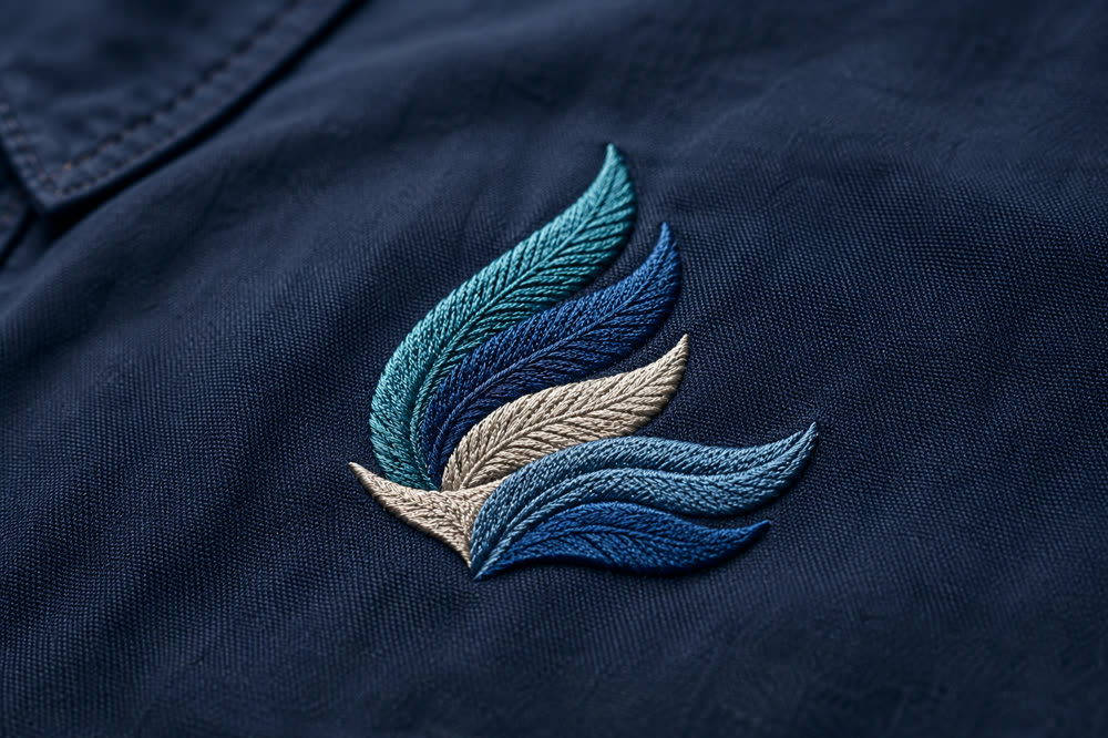 ネイビーの作業服に施した社名刺繍のクローズアップ。糸の重なりによる立体感がわかる