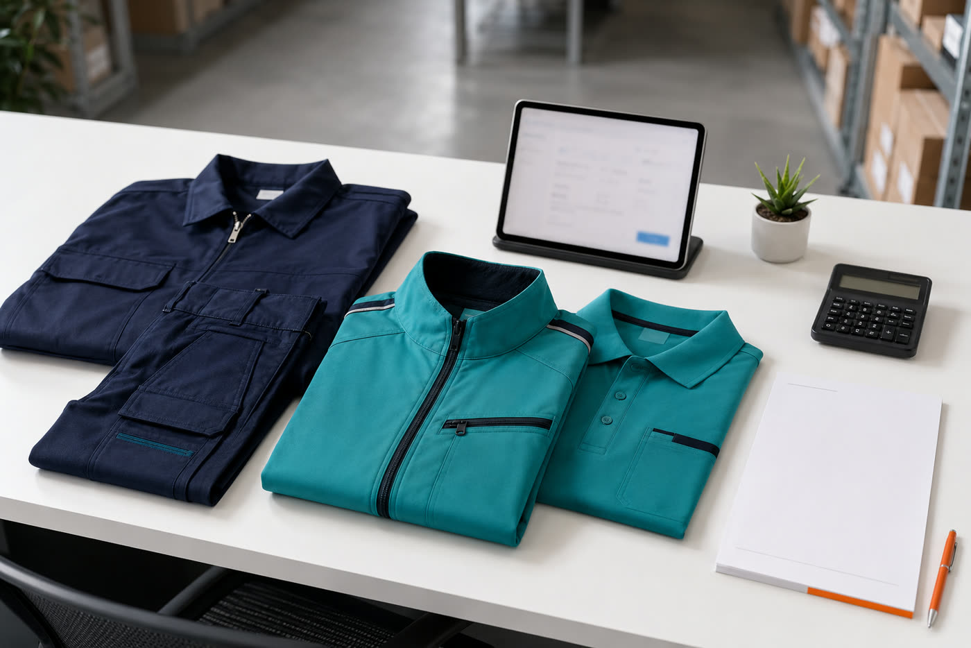 デスクに並べた作業服・空調服と、概算見積もりを表示したタブレット・電卓・メモ
